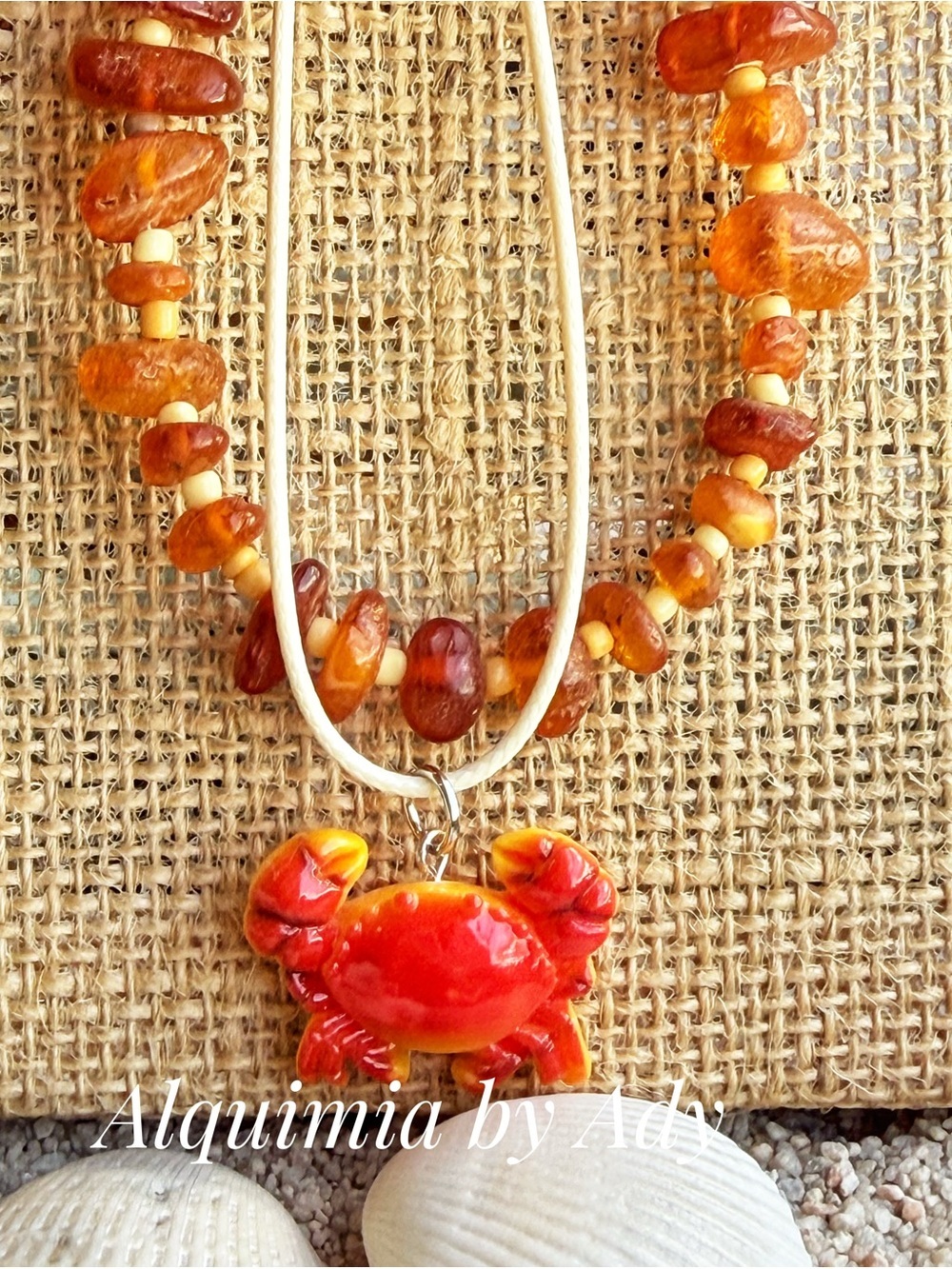 BEADED LAYERED Red and Amber Crab Necklace